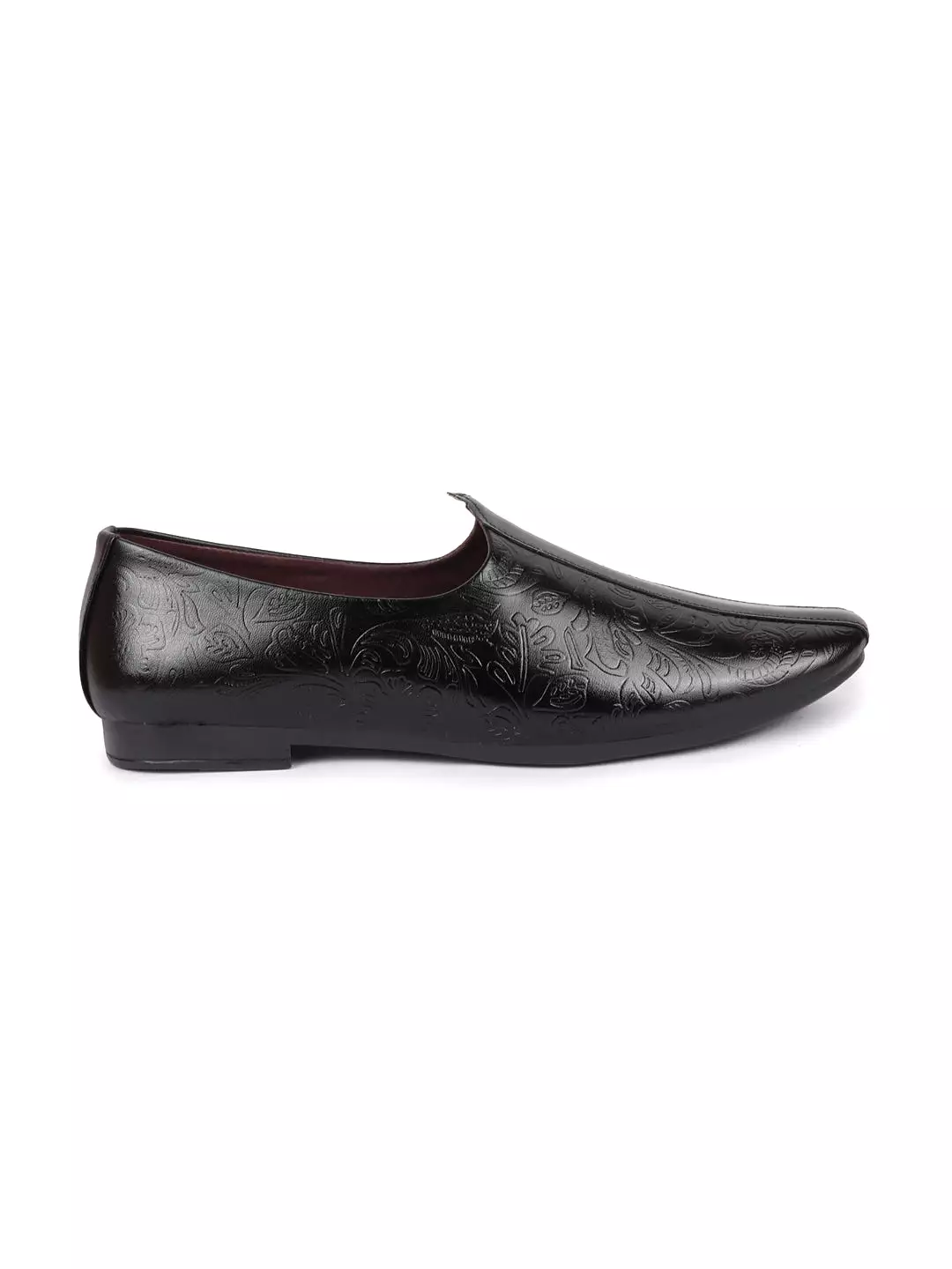 Basics Men Black Textured Floral Prints Slip On Ethnic Juttis and Mojaris