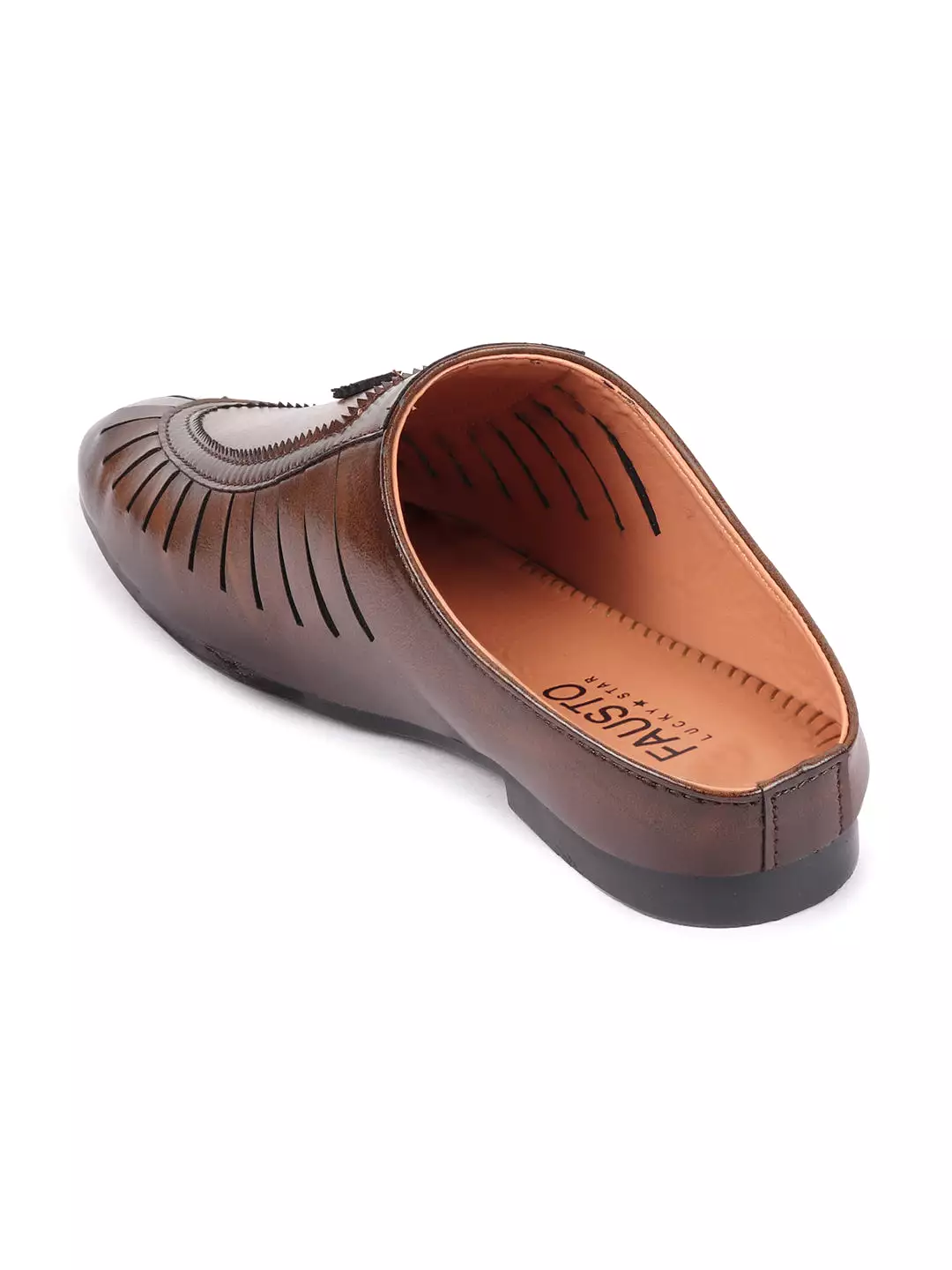 Basics Men Brown Back Open Laser Cut Design Classic Ethnic Slip On Mules