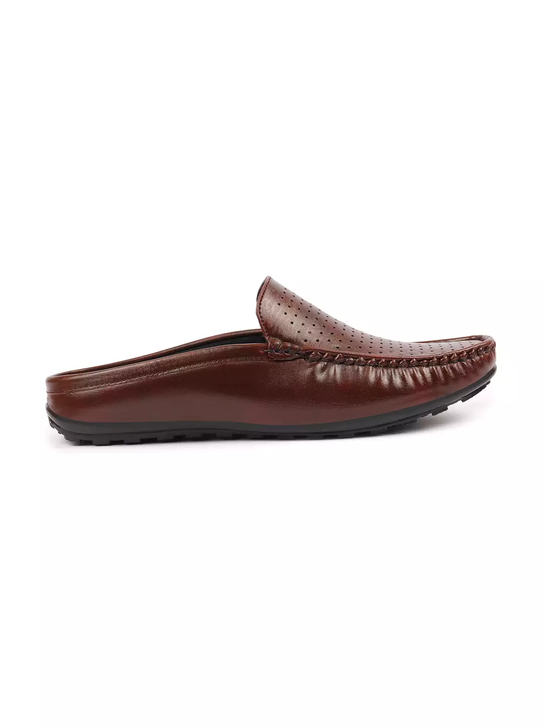 Basics Men Brown Back Open Stitched Design Lightweight Ethnic Evening Wedding Slip On Mules