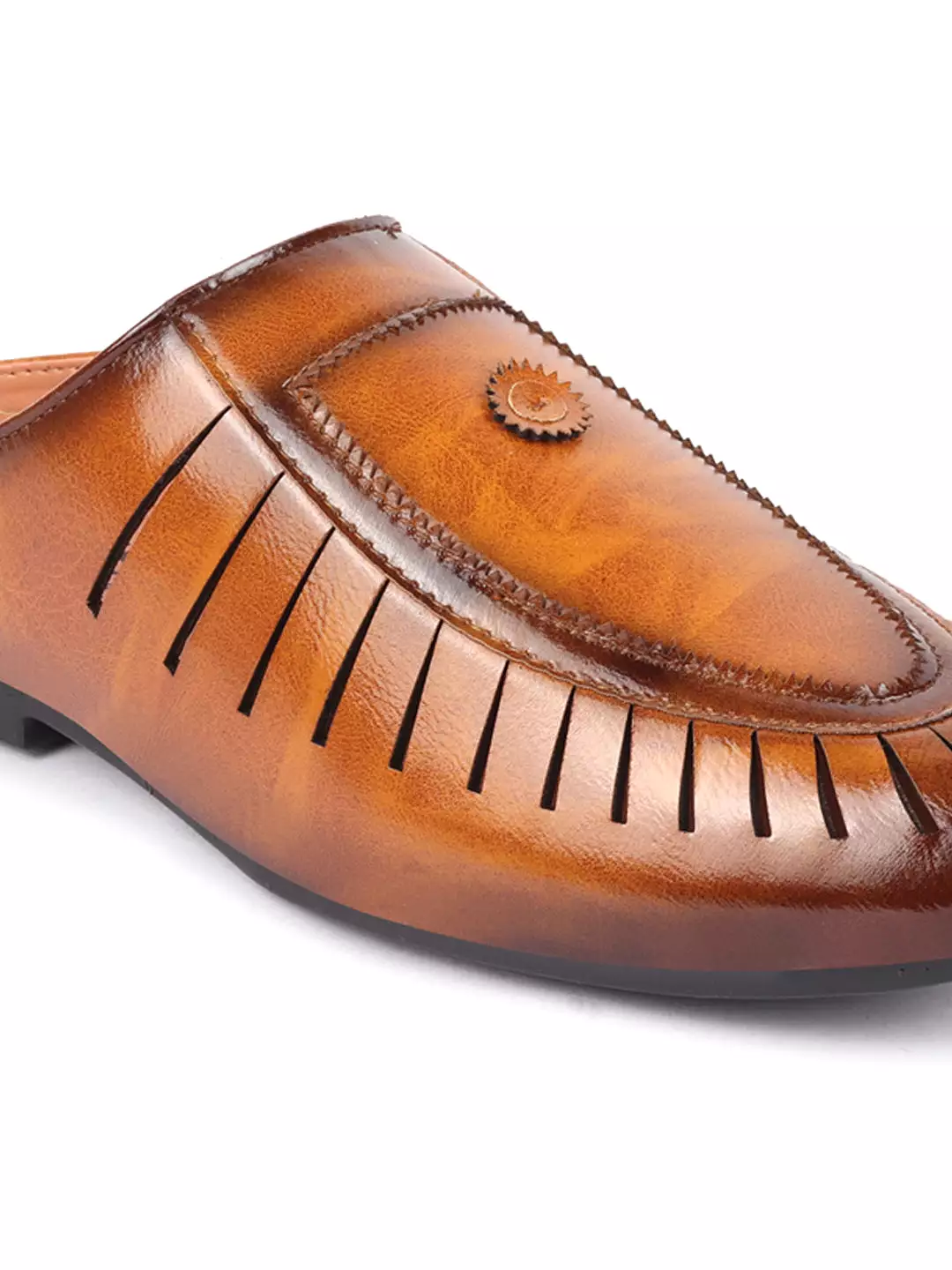 Basics Men Tan Back Open Laser Cut Design Classic Ethnic Slip On Mules