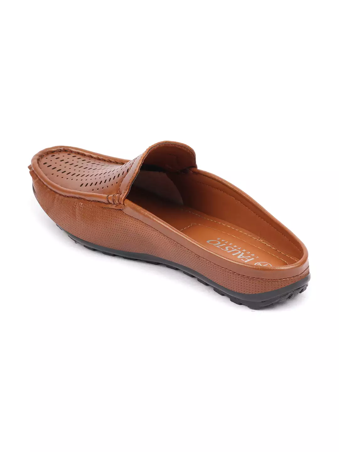 Basics Men Tan Back Open Laser Cut Design Textured Ethnic Casual Wedding Slip On Mules