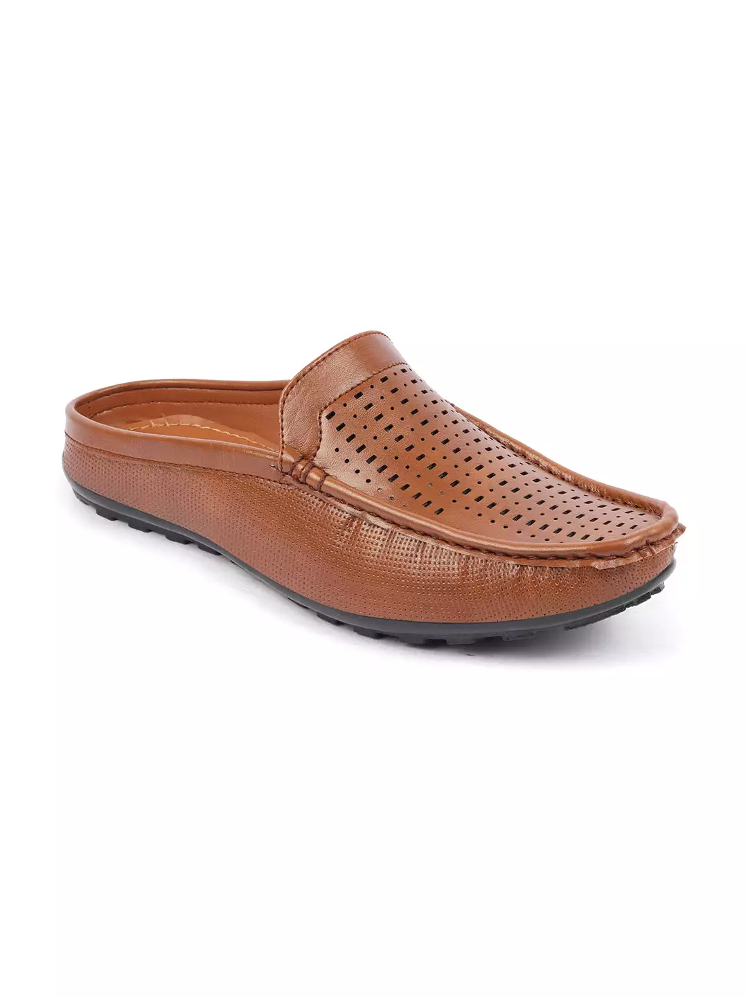 Basics Men Tan Back Open Laser Cut Design Textured Ethnic Casual Wedding Slip On Mules