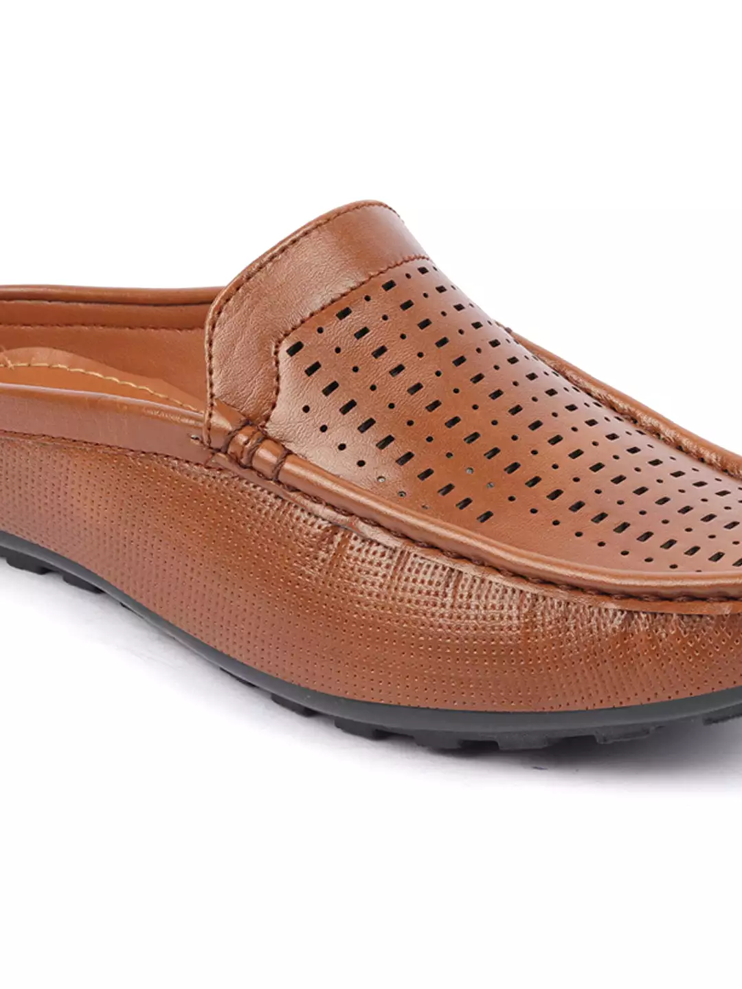 Basics Men Tan Back Open Laser Cut Design Textured Ethnic Casual Wedding Slip On Mules