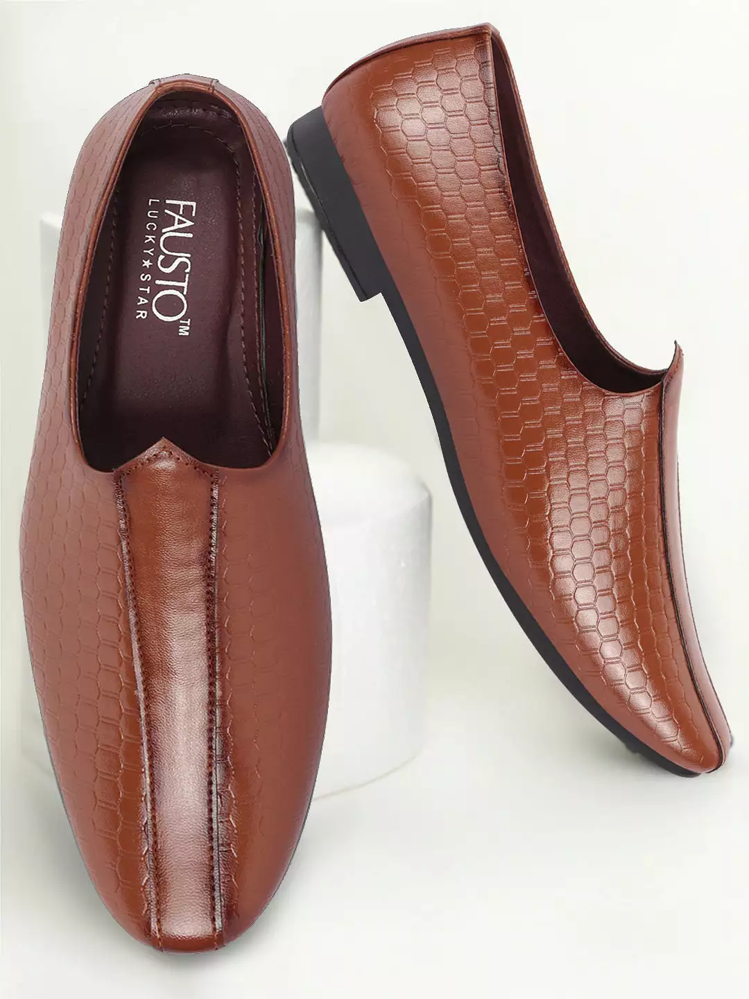 Basics Men Tan Embossed Design Ethnic Slip On Juttis and Mojaris