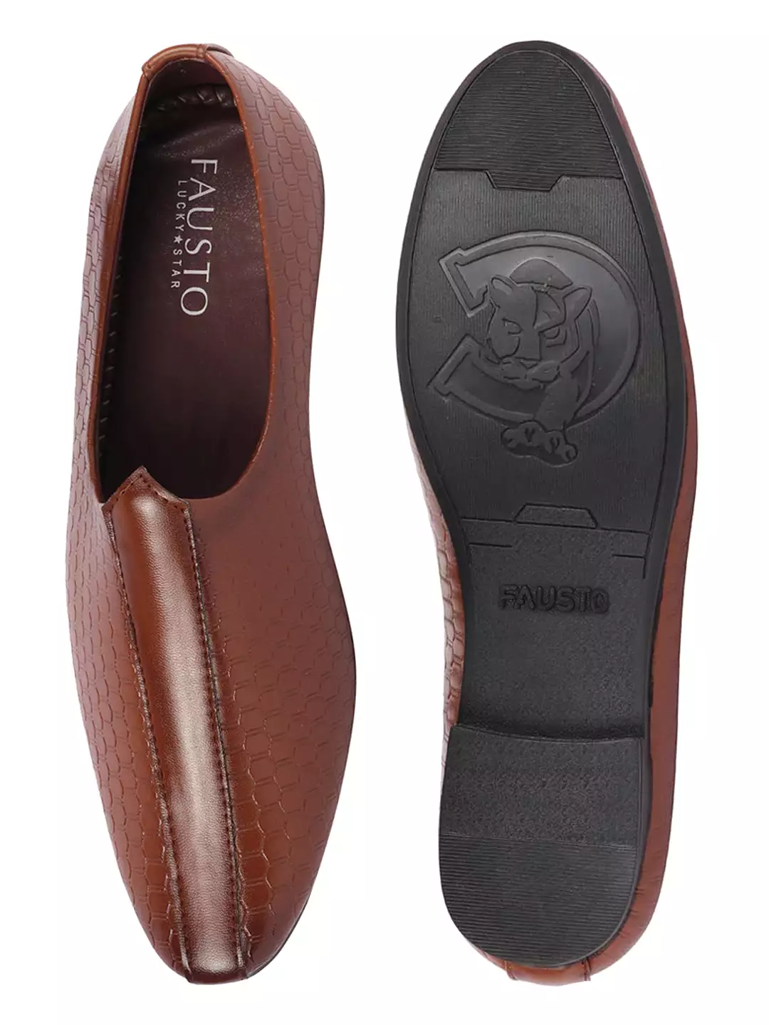 Basics Men Tan Embossed Design Ethnic Slip On Juttis and Mojaris