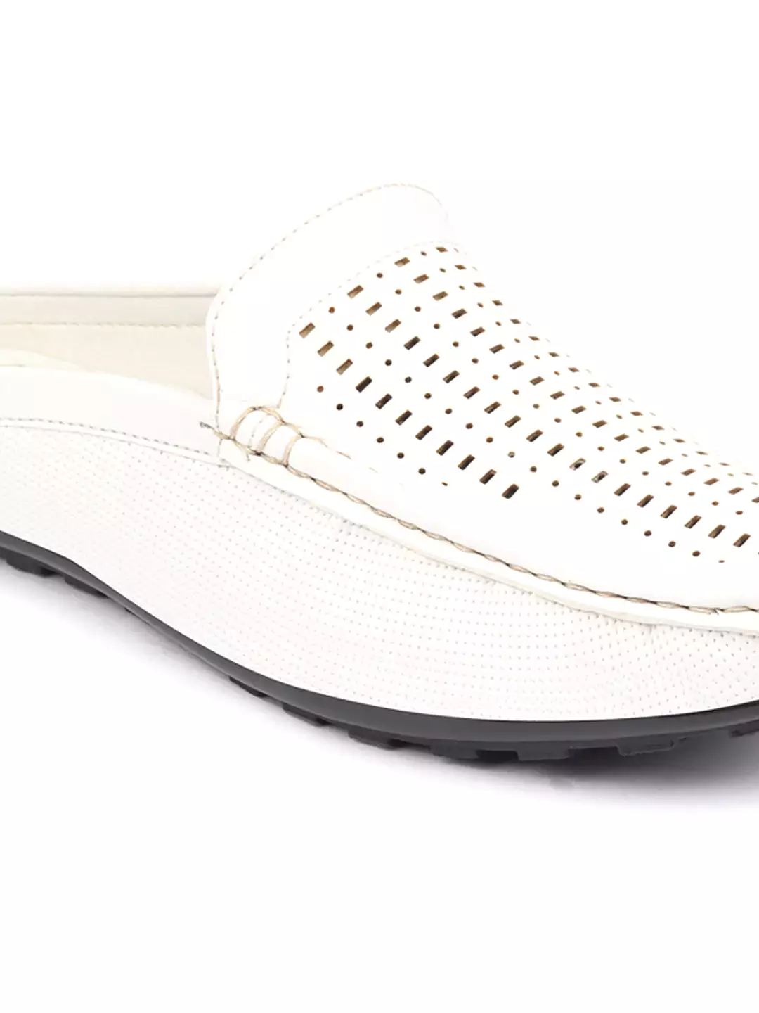 Basics Men White Back Open Laser Cut Design Textured Ethnic Casual Wedding Slip On Mules