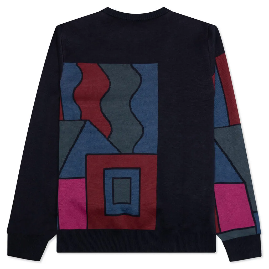 Blocked Landscape Knitted Pullover - Navy