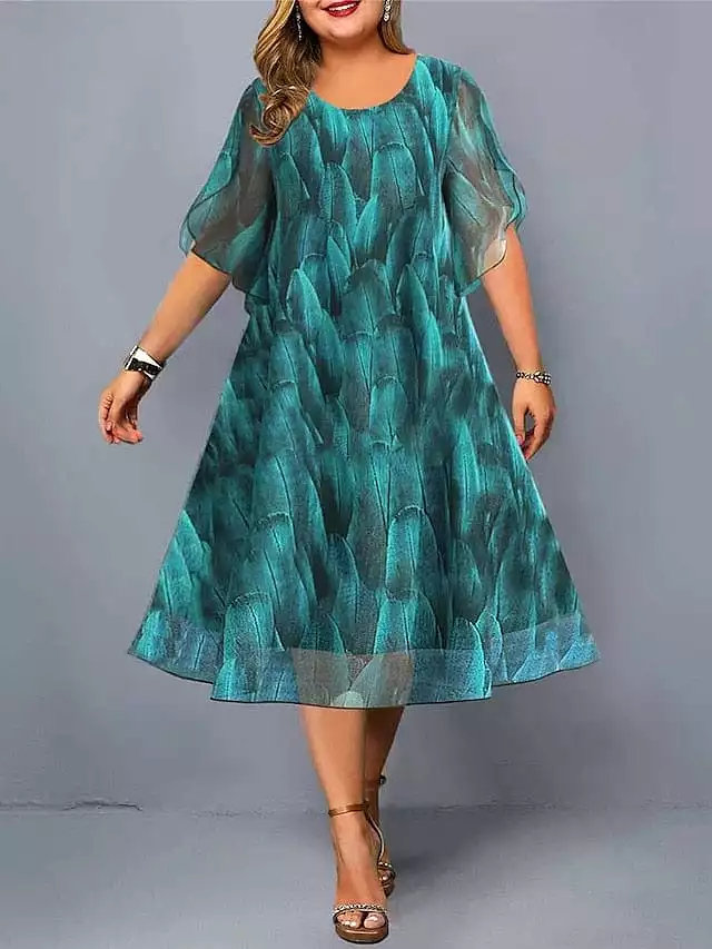 Blue Chiffon A Line Midi Dress with Hood for Plus Size Women