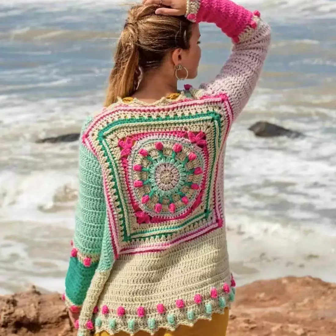 Casual Boho Beach Long Sleeve Spring Summer Ethnic Jumper Vintage Handmade Bohemian Cardigan Crochet Sweater Jacket Women Coat