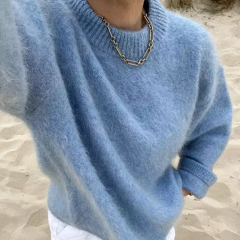 Casual Long Flare Women Sweater Autumn O-neck Hairy Knits Female Pullover Sweaters 2023