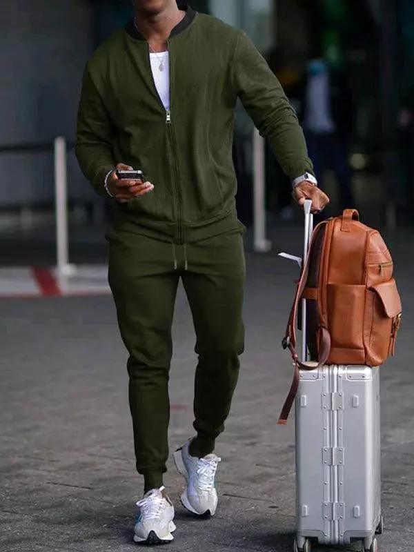 Casual Solid Baseball Collar Men Tracksuit