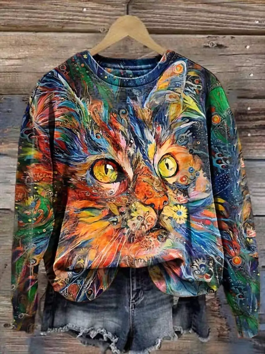 Cat Print Orange Sweatshirt Pullover for Women's Fall & Winter