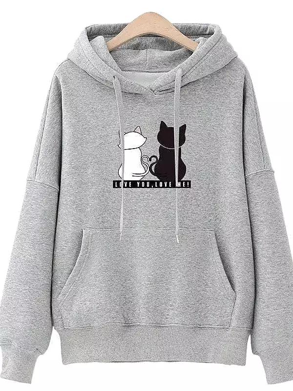 Cat Print Plus Size Hooded Sweatshirt for Women