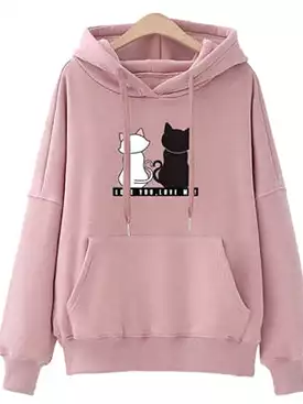 Cat Print Plus Size Hooded Sweatshirt for Women