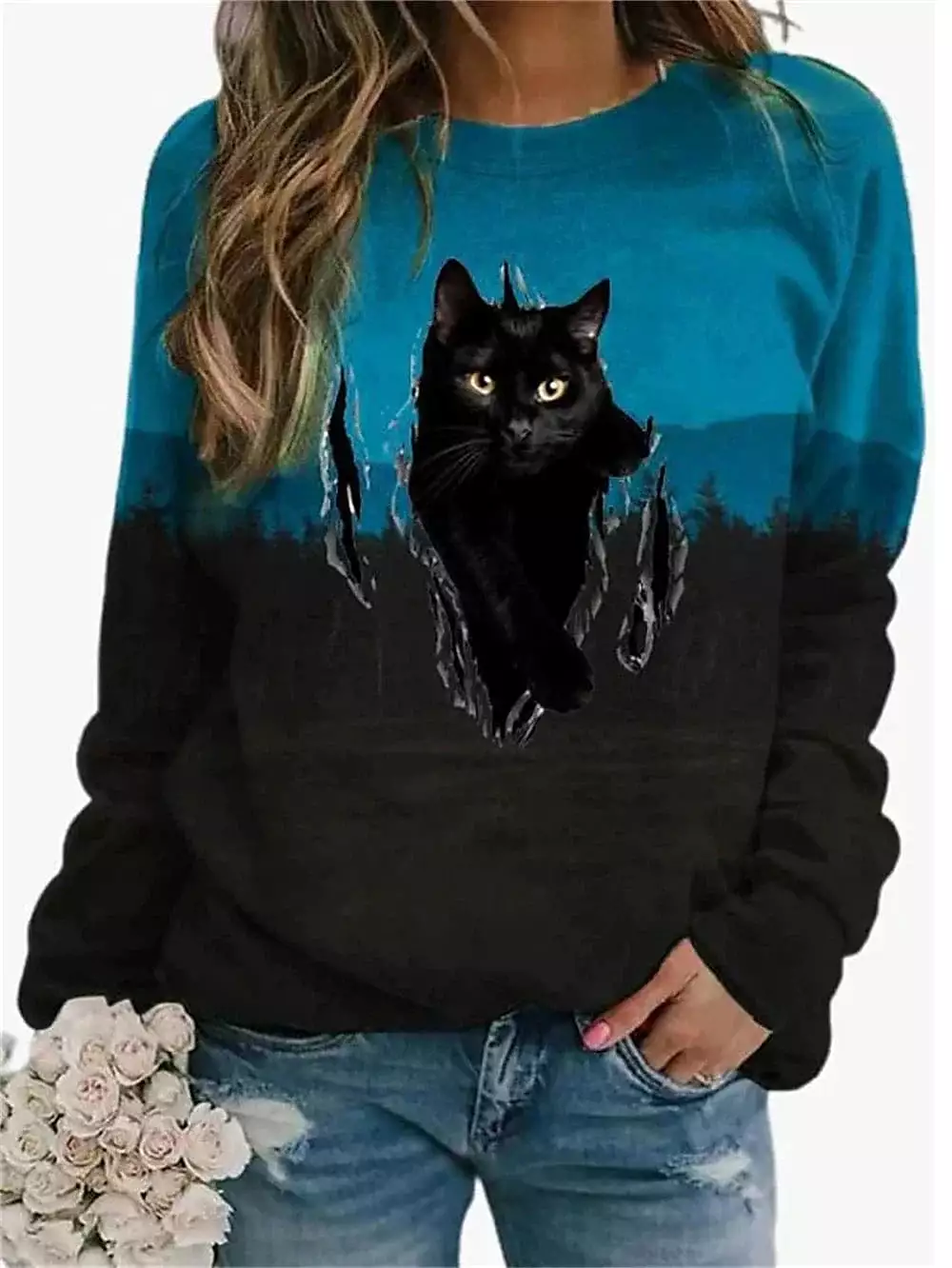 Cozy Cat Striped Sweatshirt for Women