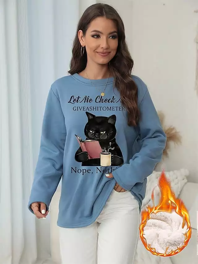 Cozy Vintage-Inspired Cat Print Fleece Sweatshirt for Women