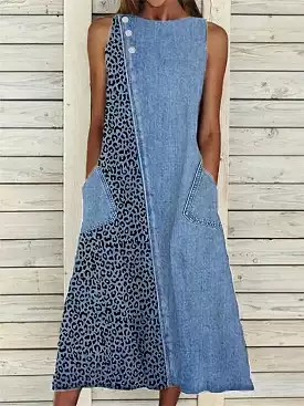 Denim Dress Casual Dress Midi Dress Denim Fashion Modern Outdoor Daily Vacation Crew Neck Button Pocket Sleeveless Summer Spring