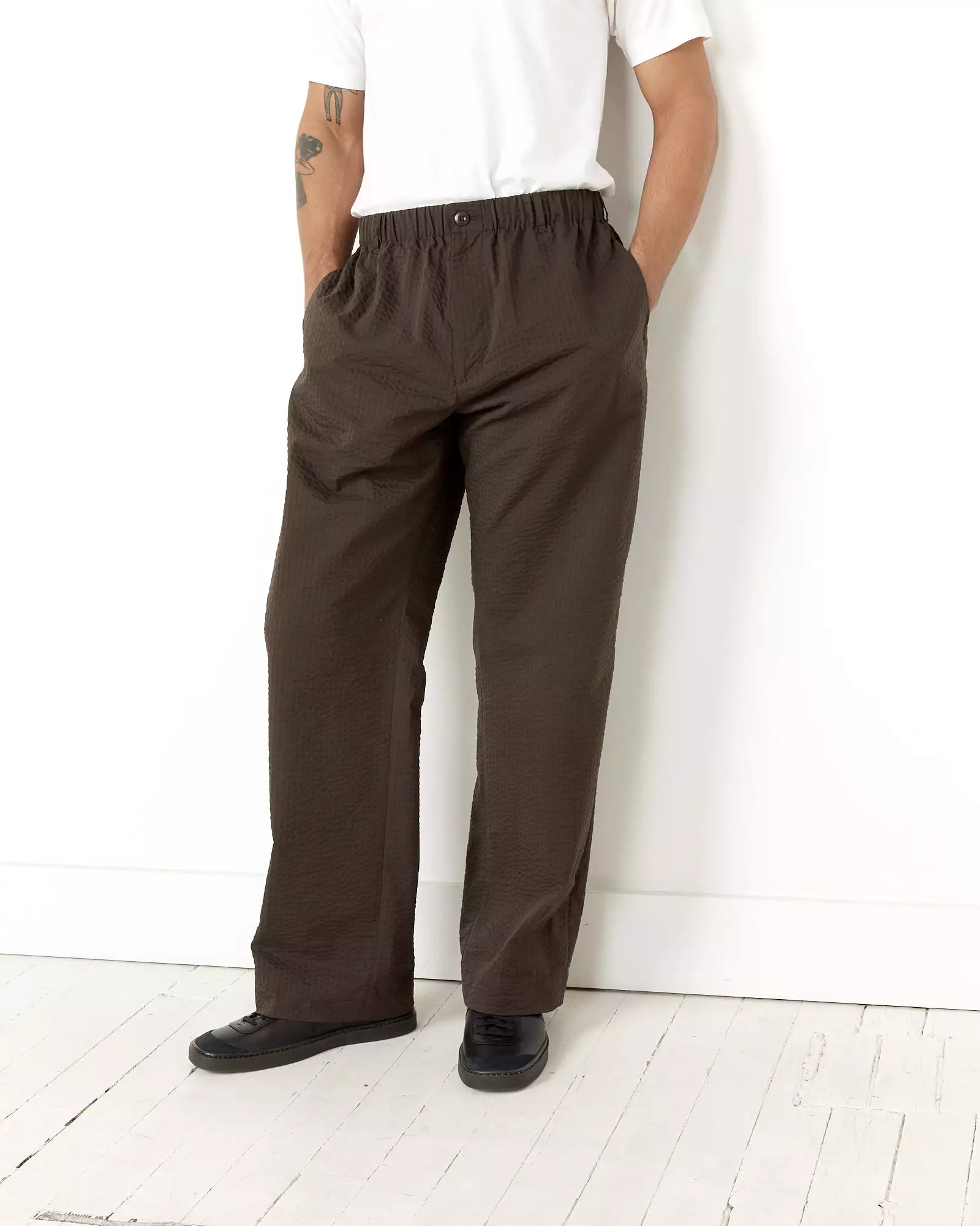 Drape Trouser Striped Seersucker in Green/Brown