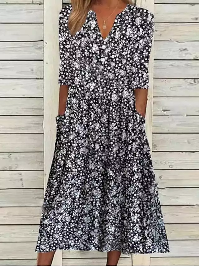 Elegant Black Floral Midi Sheath Dress with Half Sleeves for Women