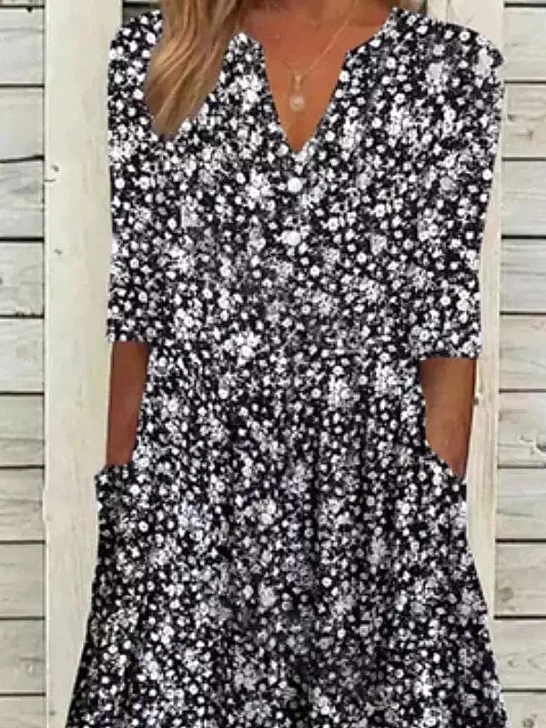 Elegant Black Floral Midi Sheath Dress with Half Sleeves for Women