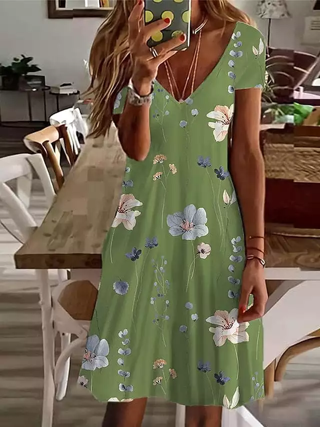 Elegant Floral V Neck Mini Dress for Women - White, Light Green, Royal Blue