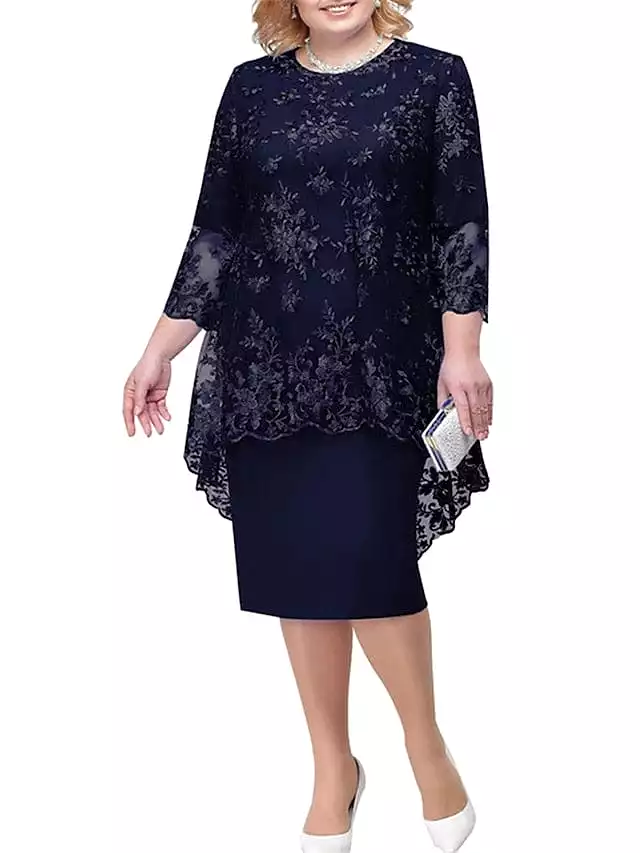 Elegant Navy Blue Plus Size Floral Lace Midi Dress for Women