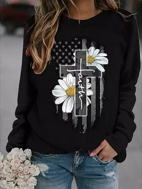 Faith and Patriotism Women's Crewneck Sweatshirt with American Flag Design