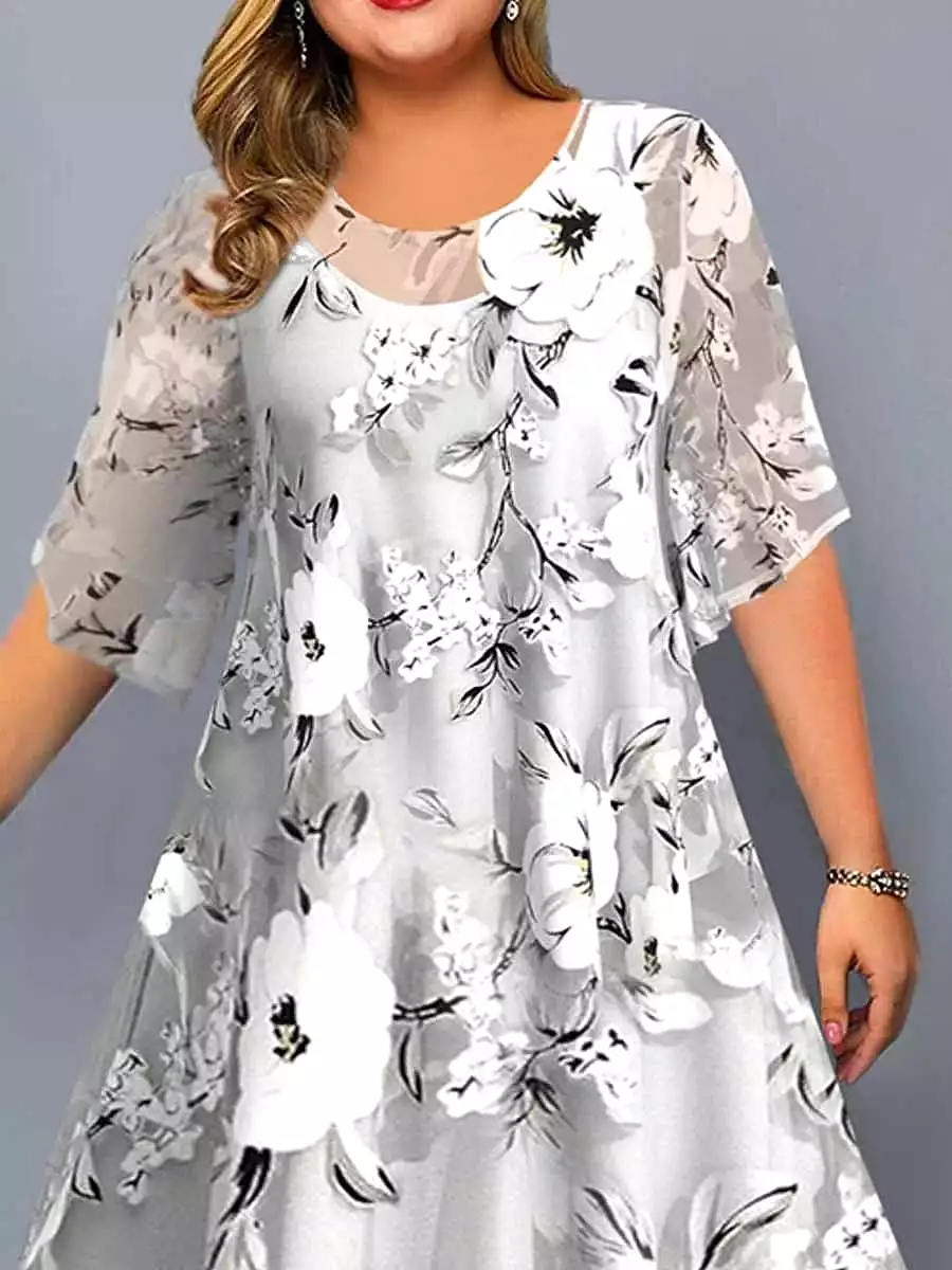 Floral Chiffon Midi Dress Set for Plus Size Women with Half Sleeves and Crew Neck