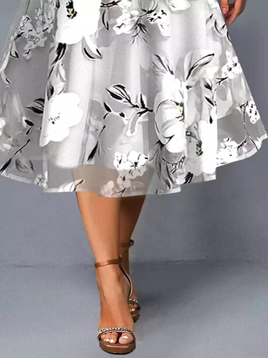 Floral Chiffon Midi Dress Set for Plus Size Women with Half Sleeves and Crew Neck