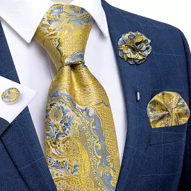 Gold Blue Paisley Necktie Set