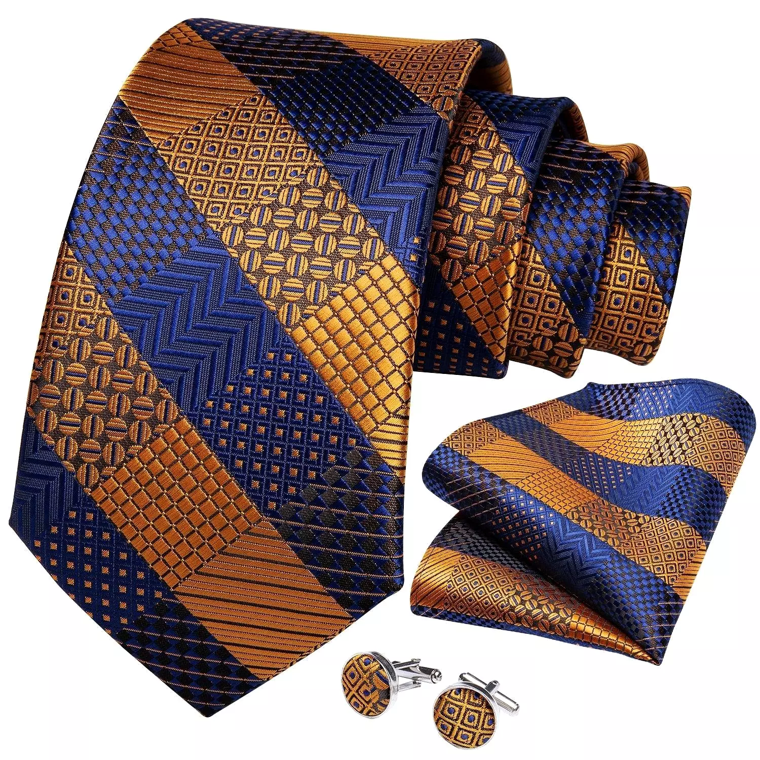 Gold Blue Striped Silk Necktie Set