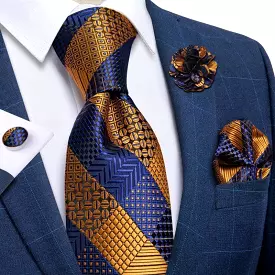 Gold Blue Striped Silk Necktie Set