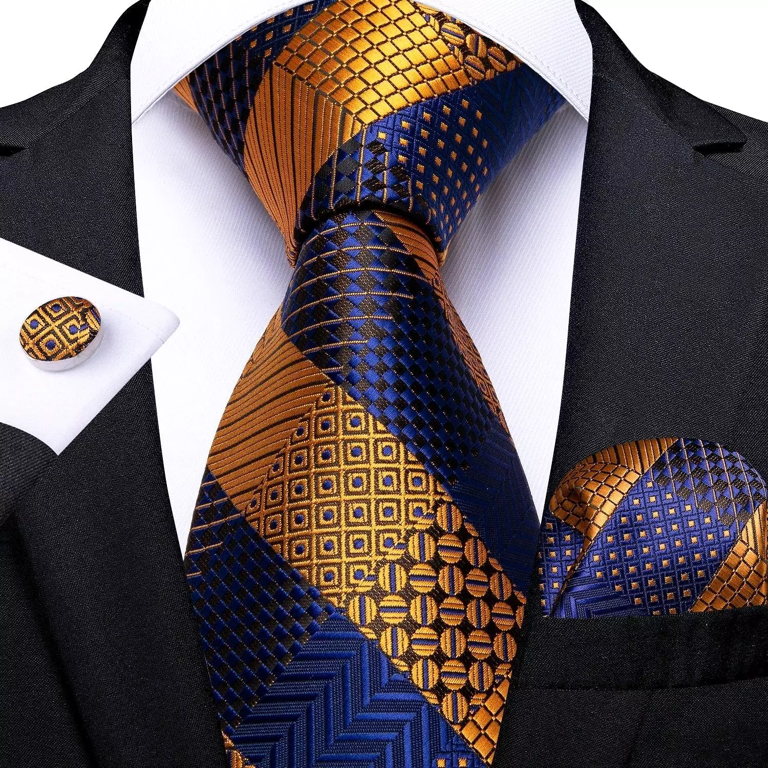 Gold Blue Striped Silk Necktie Set