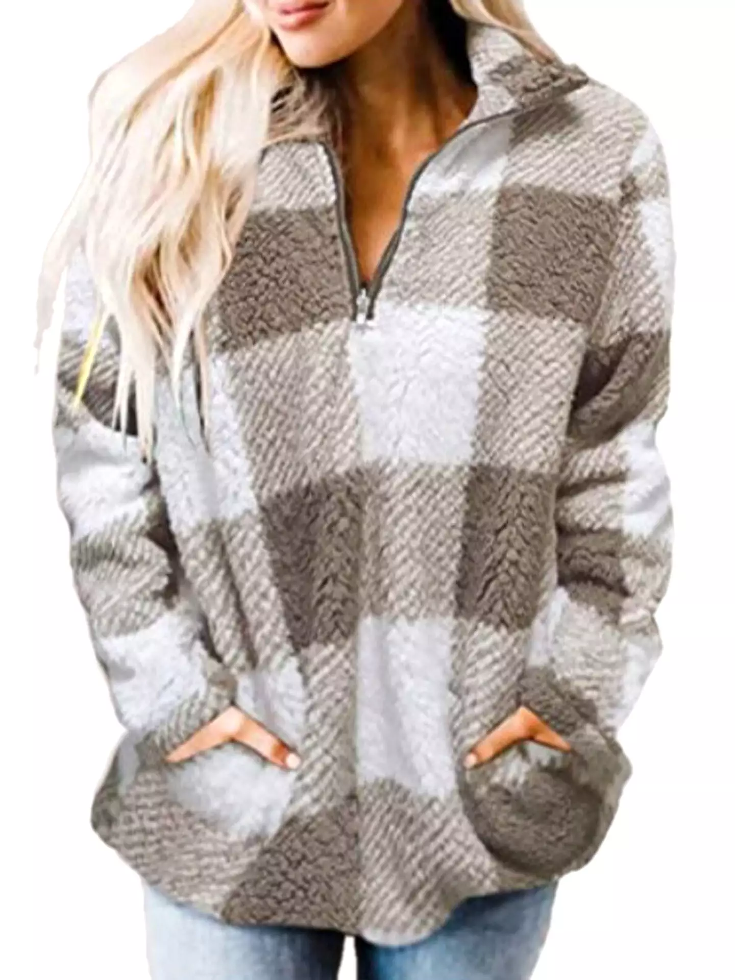 Haute Edition Women's 1/4 Zip Buffalo Plaid Sherpa Sweatshirt