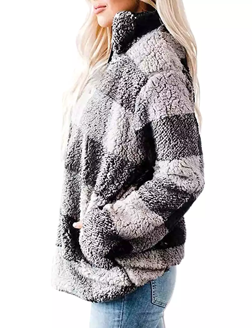 Haute Edition Women's 1/4 Zip Buffalo Plaid Sherpa Sweatshirt