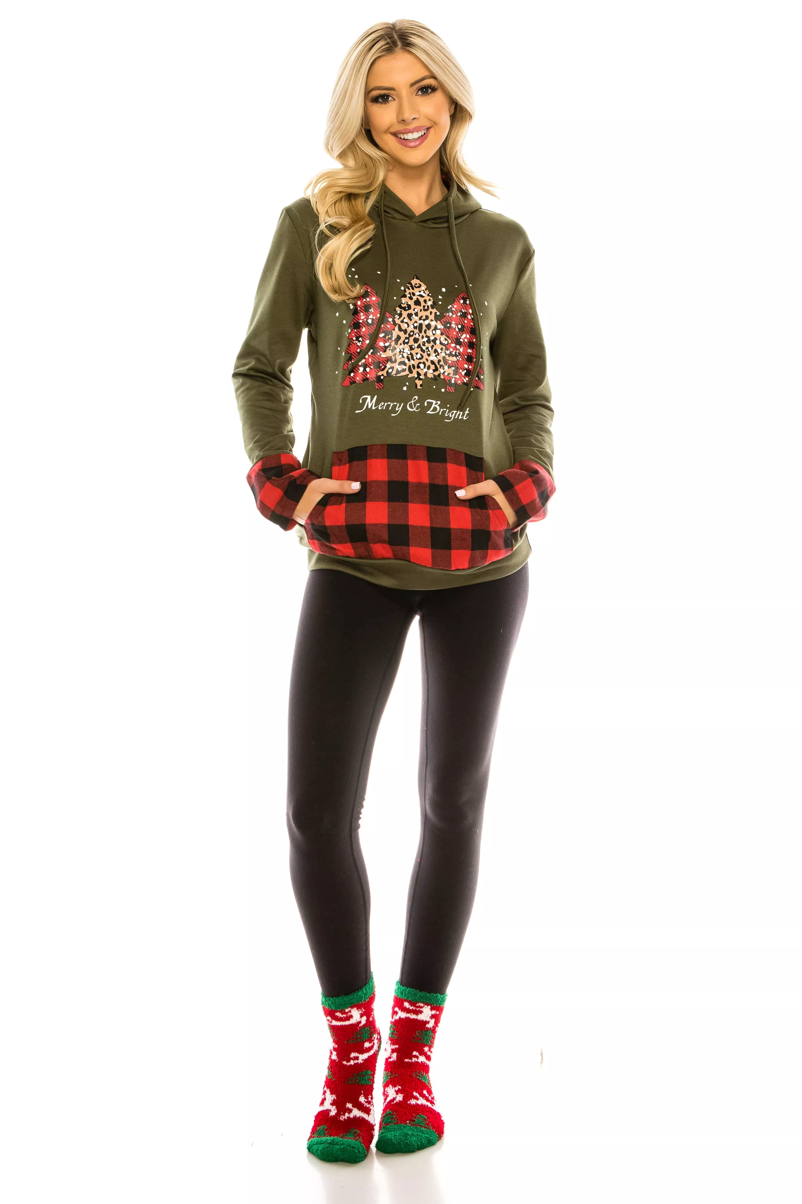 Haute Edition Women's Christmas Buffalo Plaid Hoodie and Fuzzy Sock Gift Set