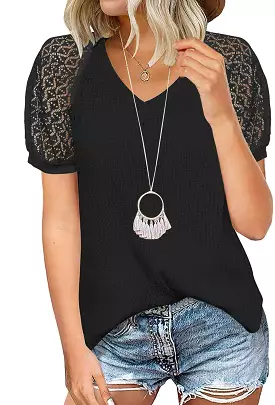 Haute Edition Women's Crochet Puff Short Sleeve V-Neck Blouse