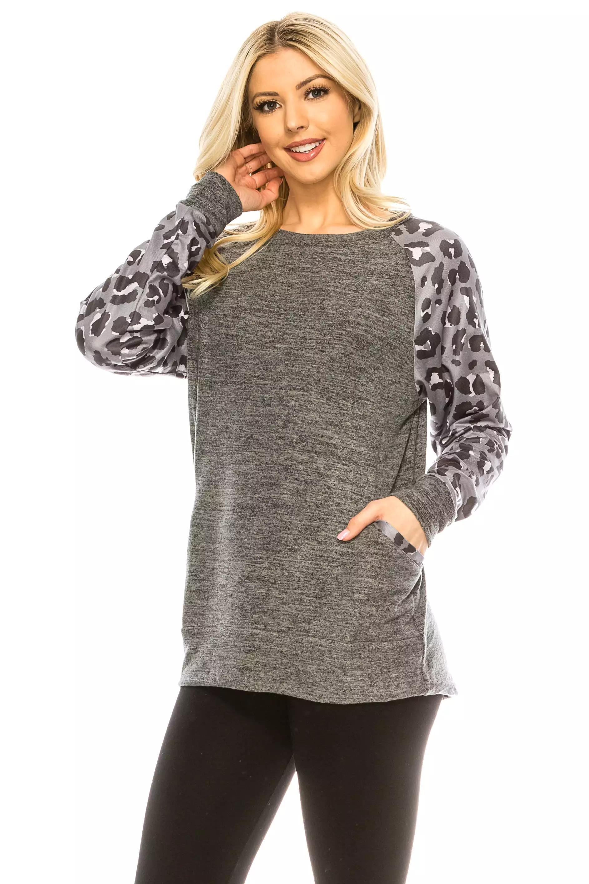 Haute Edition Women's Ultra Soft Long Sleeve Spring Pullover Leopard Raglan Sweatshirt