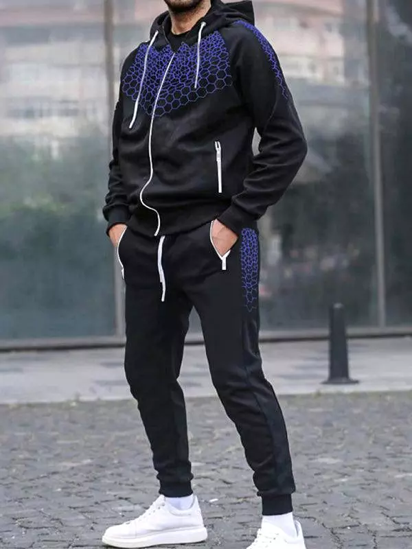 Honeycomb Print Zipper Hooded Men Tracksuit