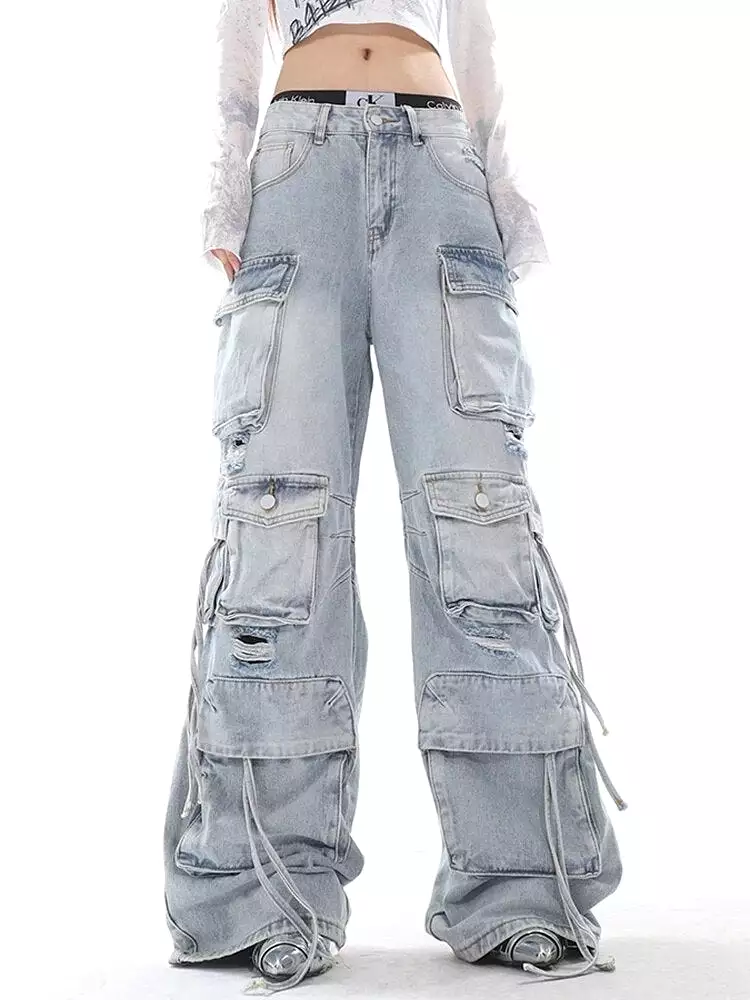 Innovative Women's Jeans Wash Vintage Straight Denim Cargo Pants Autumn 2023 New