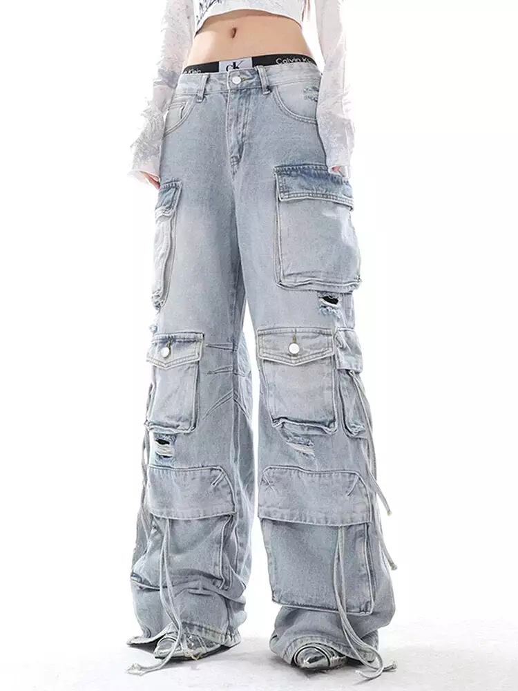 Innovative Women's Jeans Wash Vintage Straight Denim Cargo Pants Autumn 2023 New