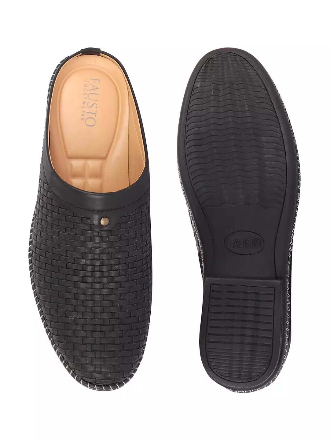 Men Black Back Open Knit Design Stitched Ethnic Casual Mules