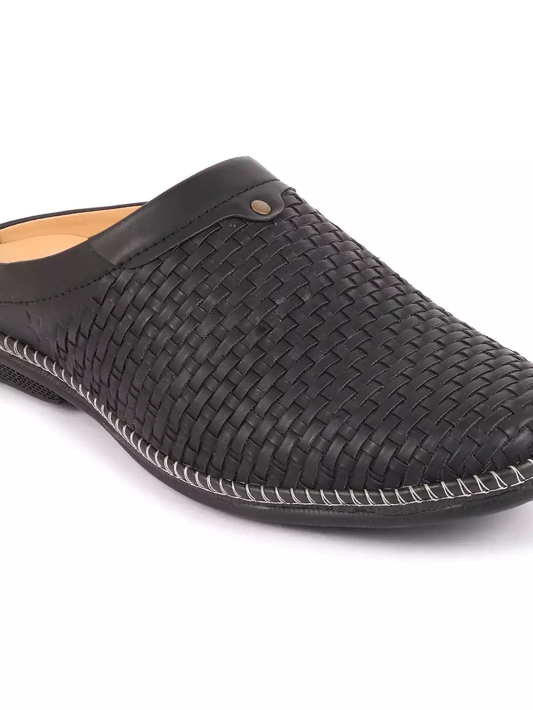 Men Black Back Open Knit Design Stitched Ethnic Casual Mules