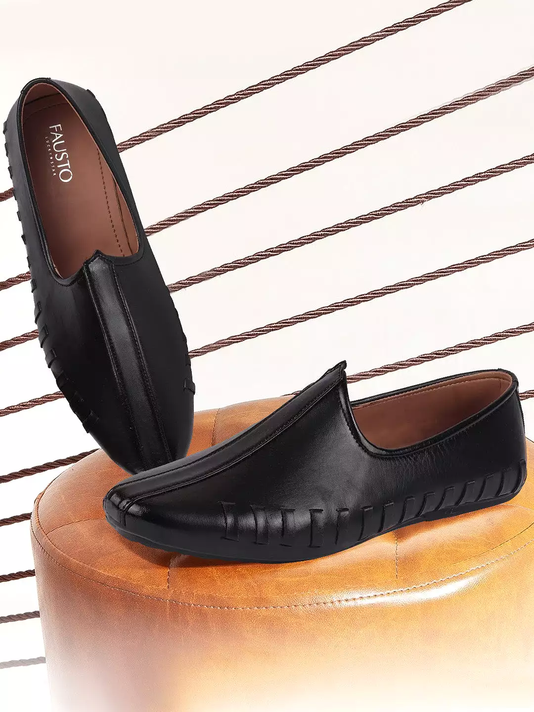 Men Black Ethnic Slip-On Stitched Jutis & Mojaris