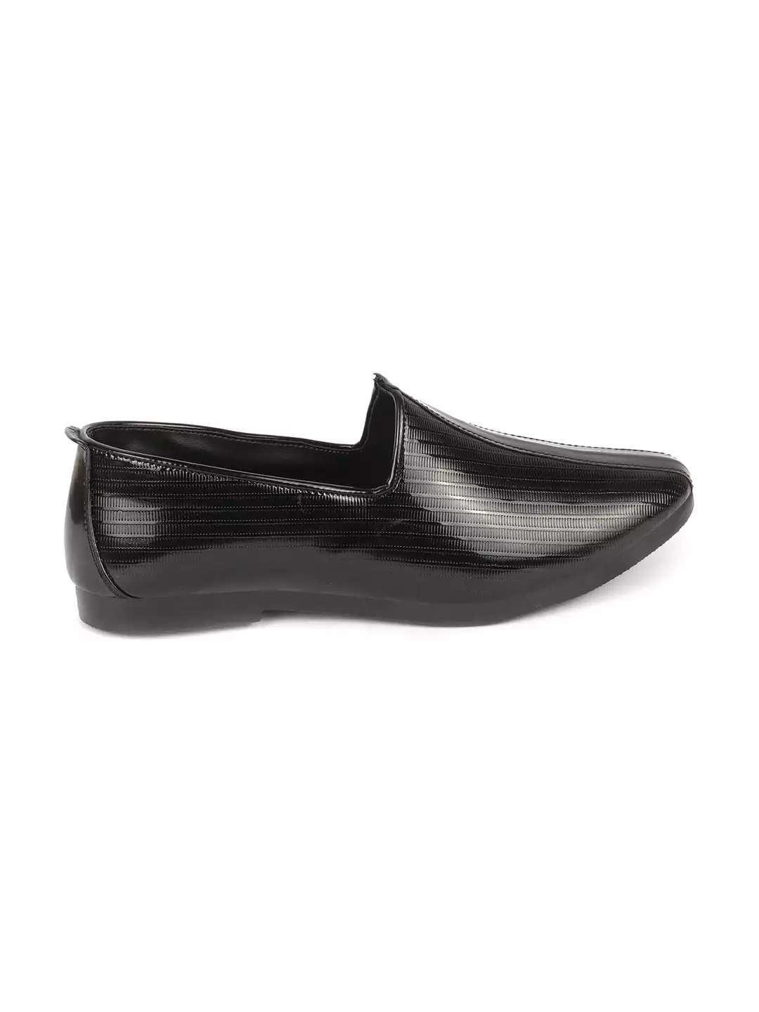 Men Black Glossy Shine Textured Design Wedding Festive Ethnic Slip On Jutis and Mojaris