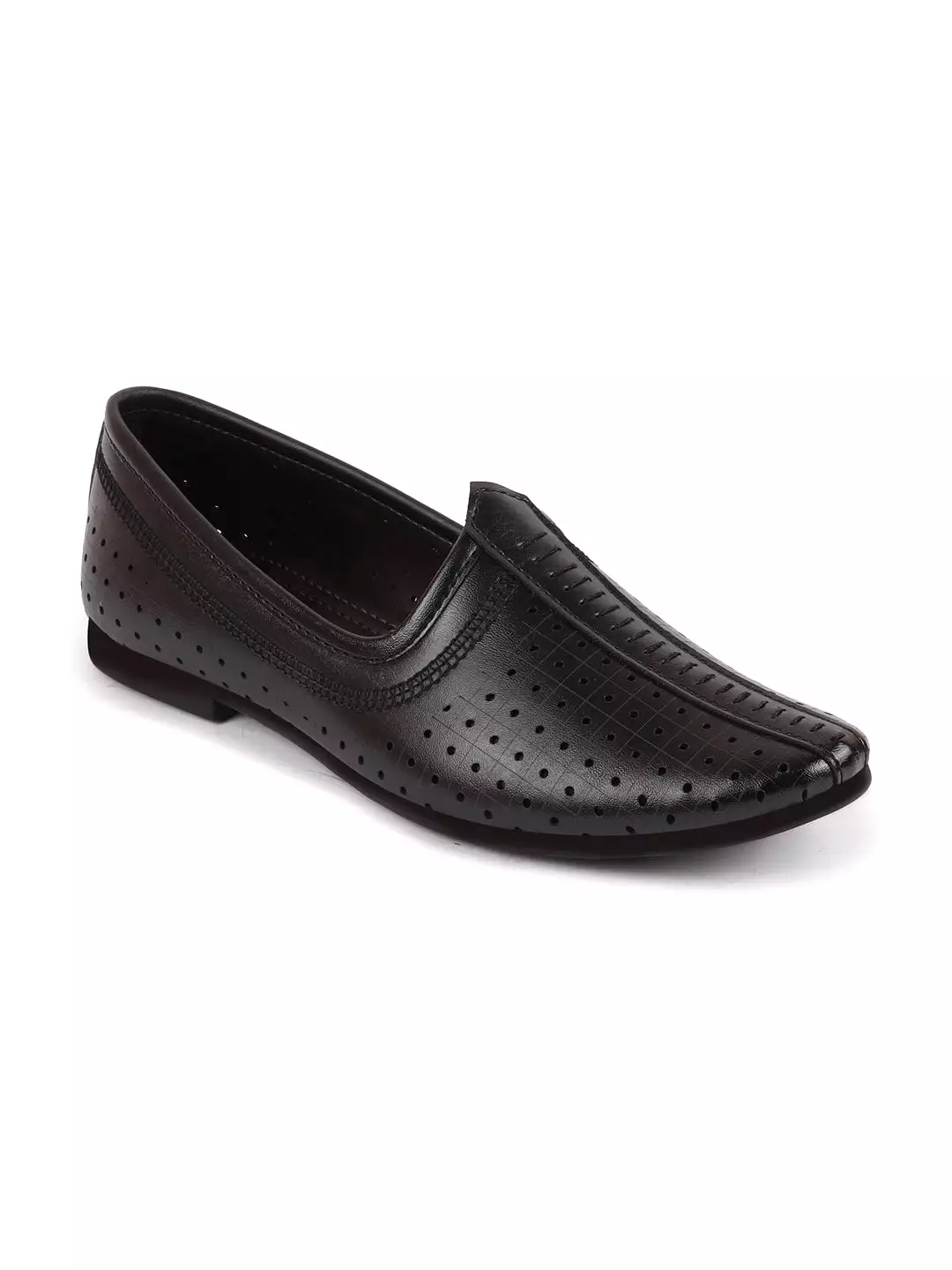 Men Black Laser Cut Design Stitched Ethnic Party Slip On Juttis and Mojaris