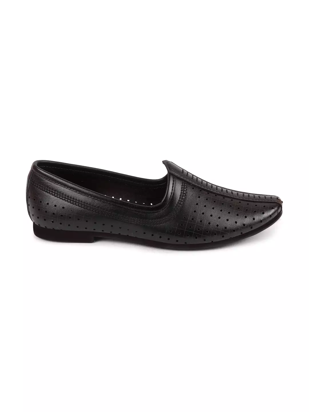 Men Black Laser Cut Design Stitched Ethnic Party Slip On Juttis and Mojaris