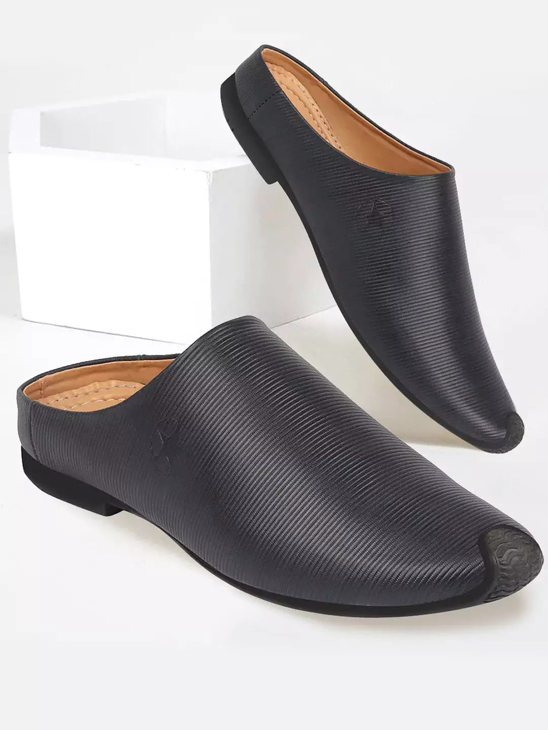 Men Blue Back Open Classic Design Textured Slip-On Ethnic Juttis and Mojaris