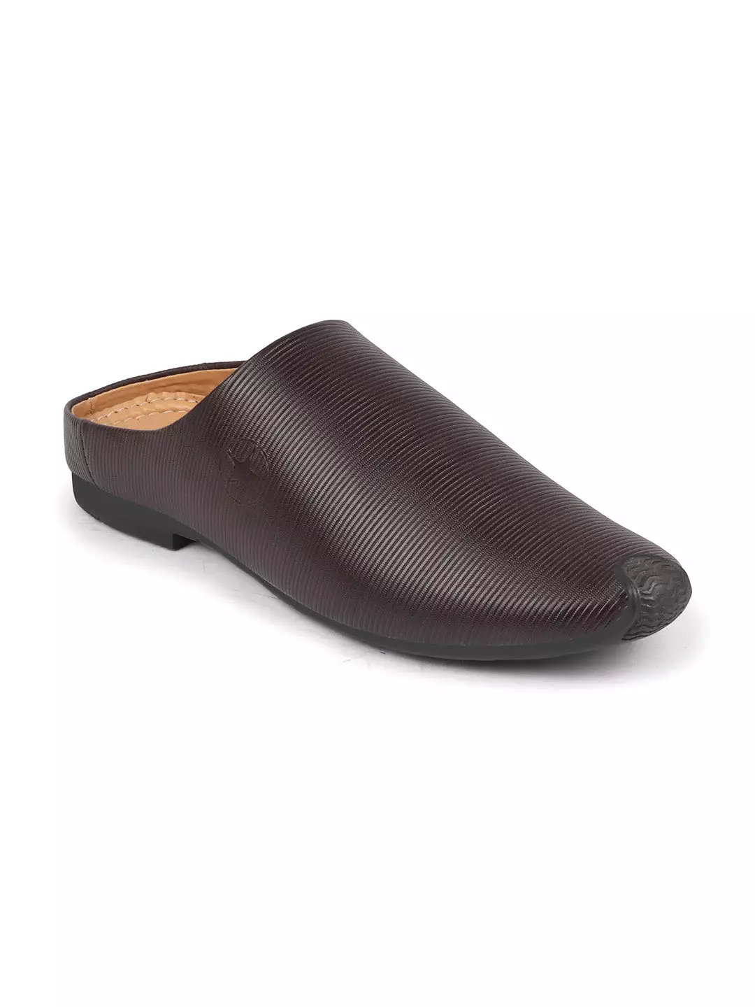 Men Brown Back Open Classic Design Textured Slip-On Ethnic Juttis and Mojaris