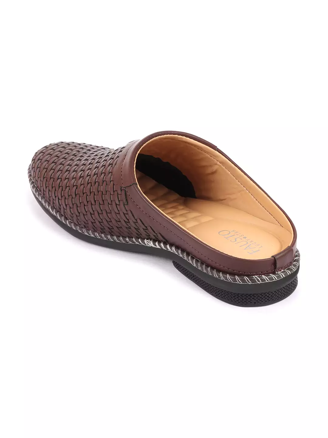 Men Brown Back Open Knit Design Stitched Ethnic Casual Mules